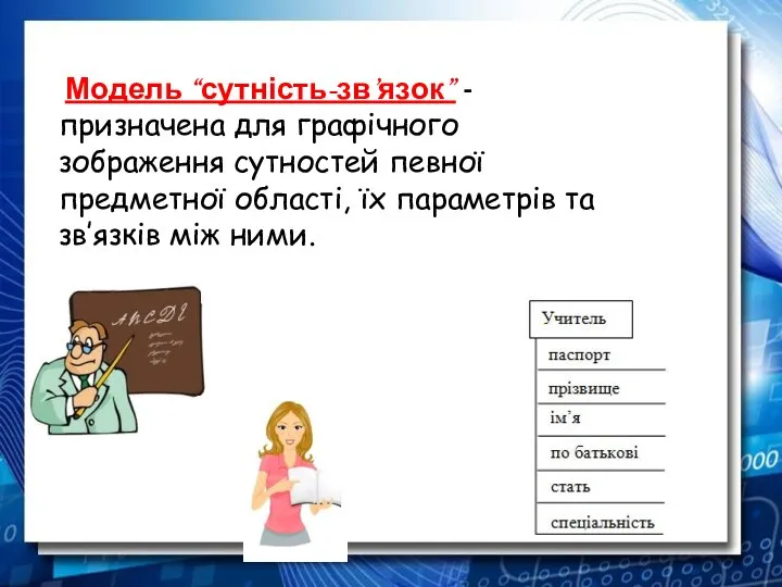 Модель “сутність-зв’язок” - призначена для графічного зображення сутностей певної предметної області, їх