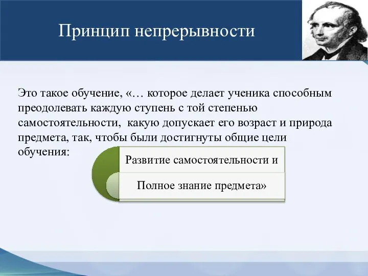 Принцип непрерывности Это такое обучение, «… которое делает ученика способным преодолевать каждую