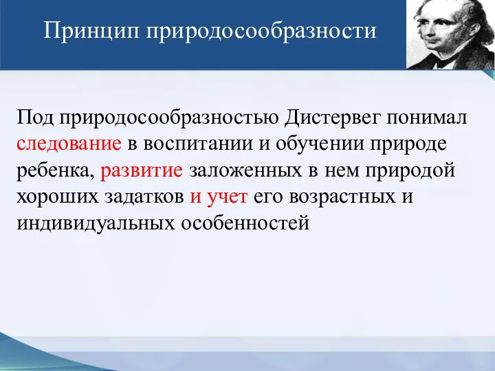 Принцип природосообразности Под природосообразностью Дистервег понимал следование в воспитании и обучении природе