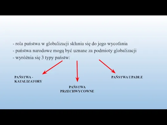 - rola państwa w globalizacji skłania się do jego wycofania - państwa