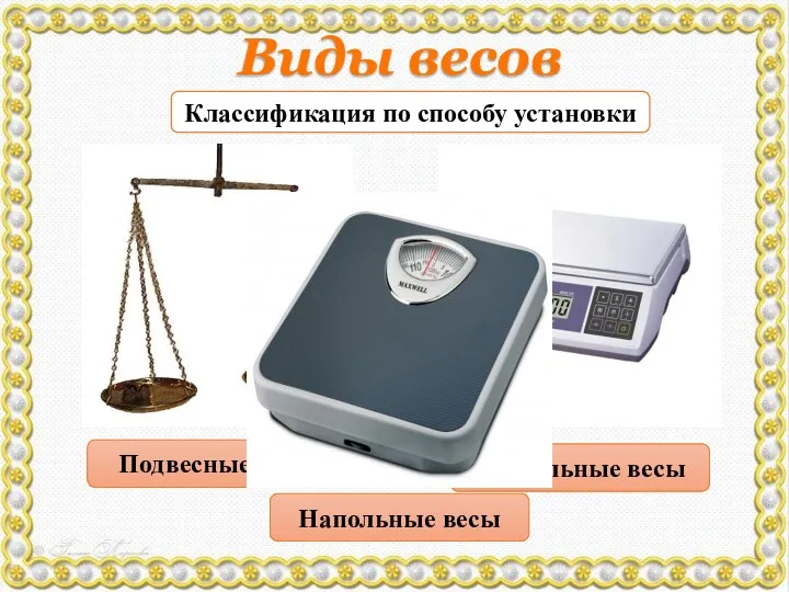 Виды весов Классификация по способу установки Подвесные весы Настольные весы