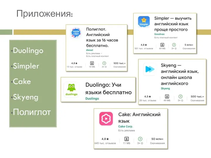 Приложения: Duolingo Simpler Cake Skyeng Полиглот