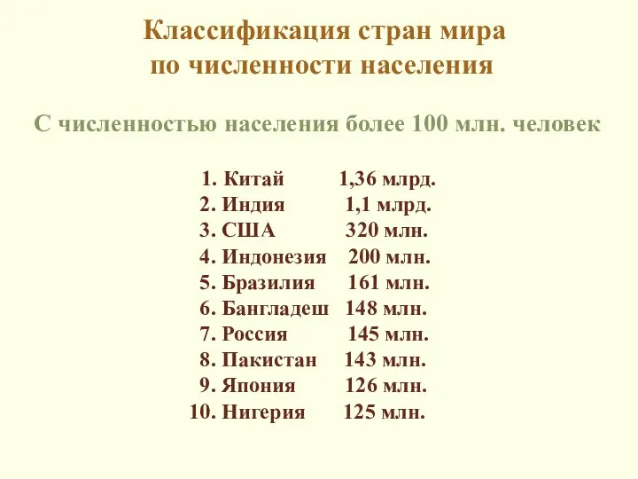 Классификация стран мира по численности населения С численностью населения более 100 млн.