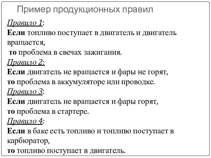 Пример продукционных правил Правило 1: Если топливо поступает в двигатель и двигатель