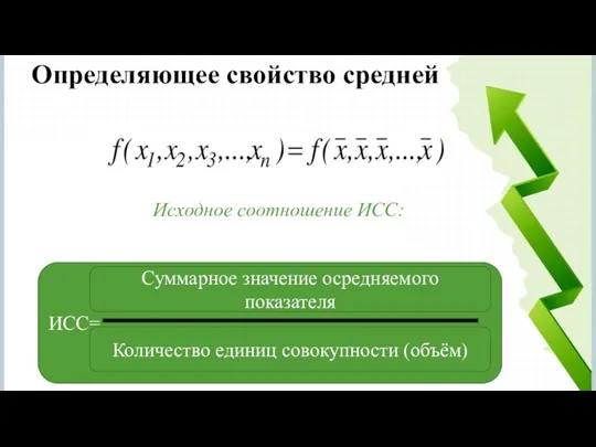 Определяющее свойство средней Исходное соотношение ИСС: ИСС= Суммарное значение осредняемого показателя Количество единиц совокупности (объём)