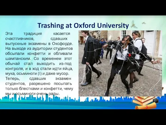 Trashing at Oxford University Эта традиция касается счастливчиков, сдавших выпускные экзамены в