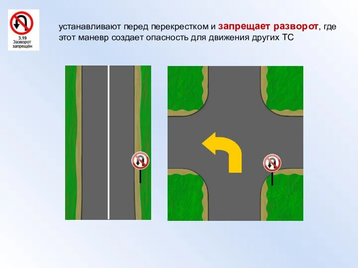 устанавливают перед перекрестком и запрещает разворот, где этот маневр создает опасность для движения других ТС