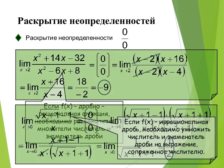 Раскрытие неопределенностей Раскрытие неопределенности Если f(x) – дробно – рациональная функция, необходимо