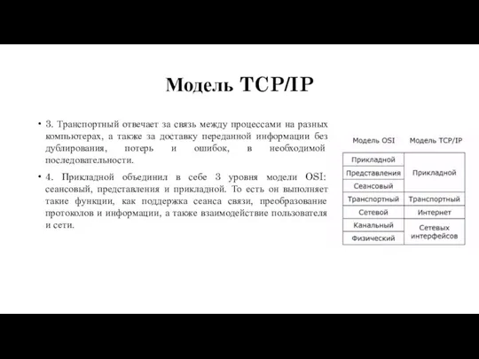 Модель TCP/IP 3. Транспортный отвечает за связь между процессами на разных компьютерах,