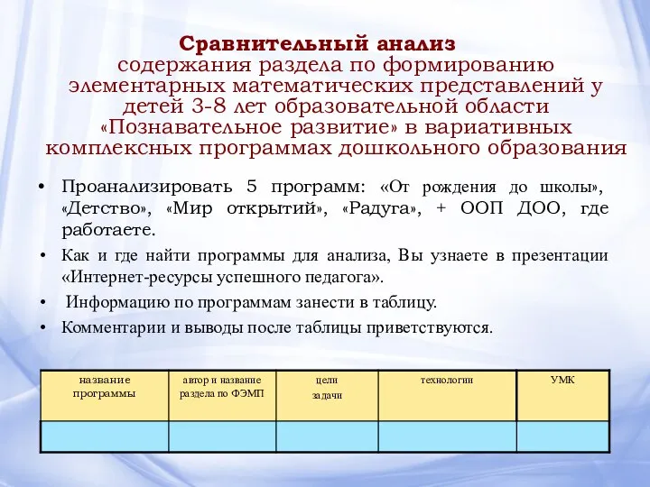 Сравнительный анализ содержания раздела по формированию элементарных математических представлений у детей 3-8