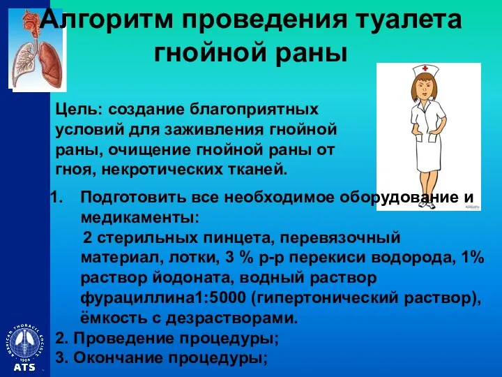 Алгоритм проведения туалета гнойной раны Цель: создание благоприятных условий для заживления гнойной