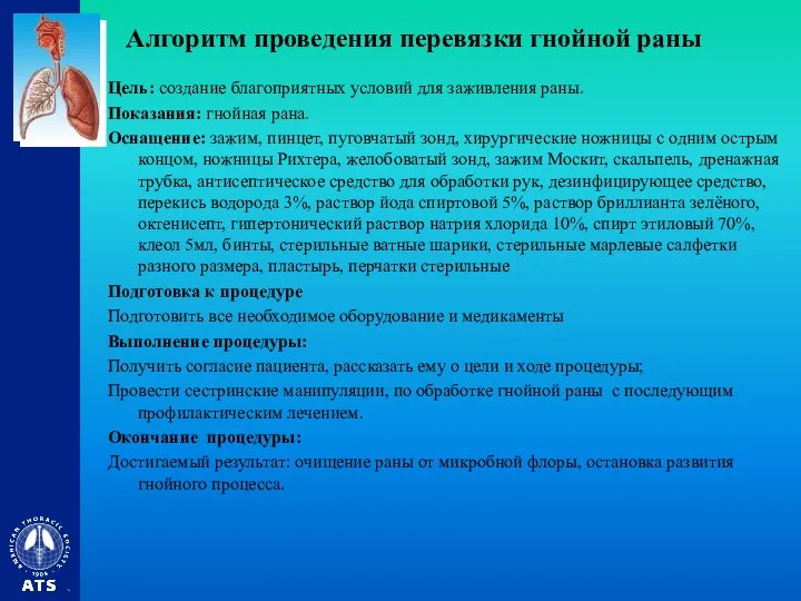 Алгоритм проведения перевязки гнойной раны Цель: создание благоприятных условий для заживления раны.