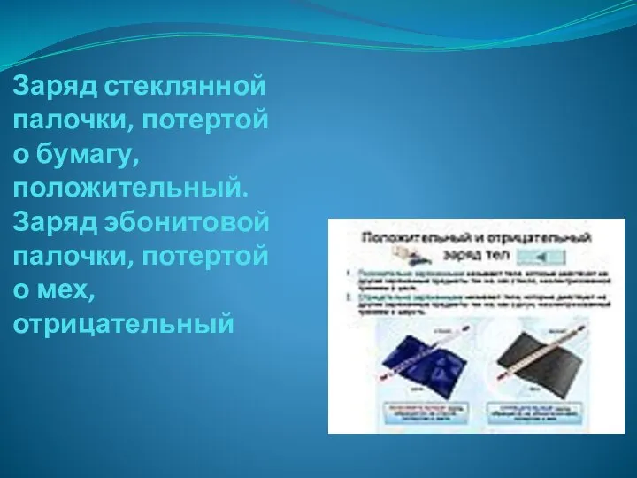 Заряд стеклянной палочки, потертой о бумагу, положительный. Заряд эбонитовой палочки, потертой о мех, отрицательный