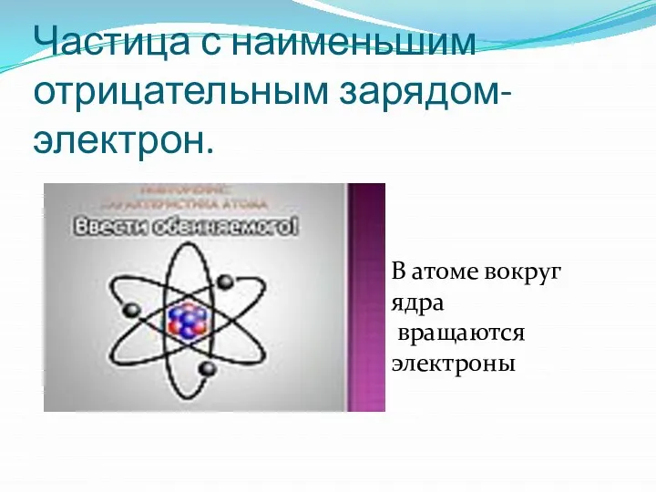 Частица с наименьшим отрицательным зарядом-электрон. В атоме вокруг ядра вращаются электроны