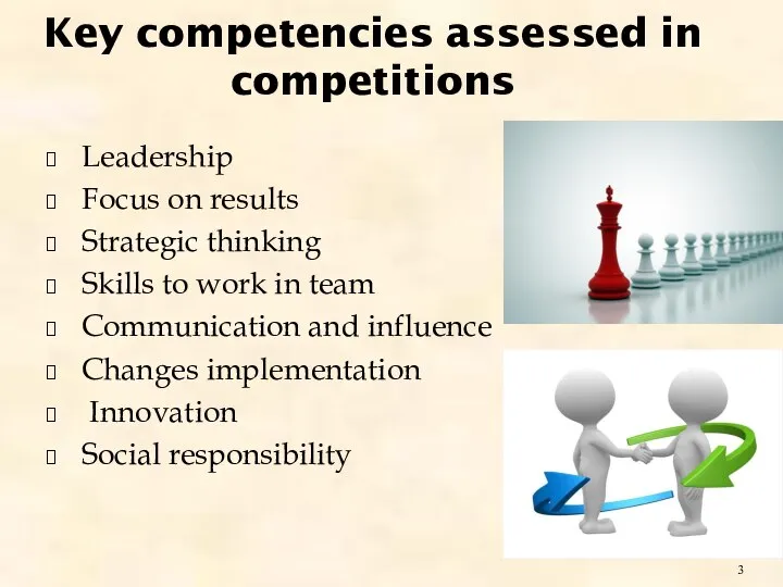 Key competencies assessed in competitions Leadership Focus on results Strategic thinking Skills