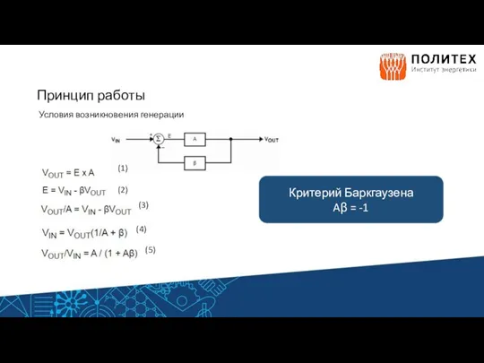 Принцип работы Условия возникновения генерации Критерий Баркгаузена Aβ = -1