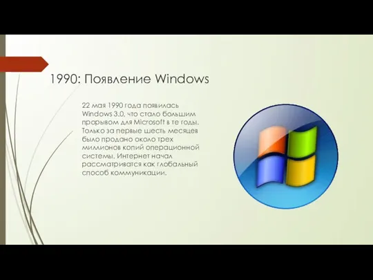 1990: Появление Windows 22 мая 1990 года появилась Windows 3.0, что стало