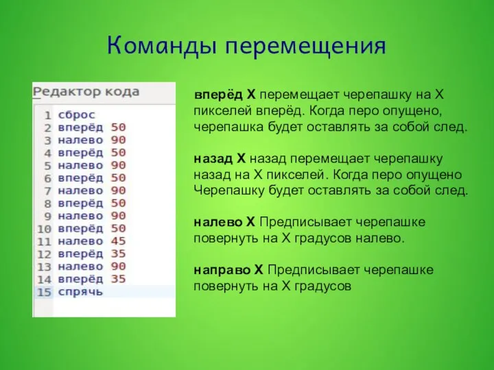 Команды перемещения вперёд X перемещает черепашку на X пикселей вперёд. Когда перо