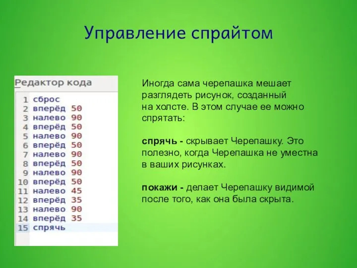 Управление спрайтом Иногда сама черепашка мешает разглядеть рисунок, созданный на холсте. В