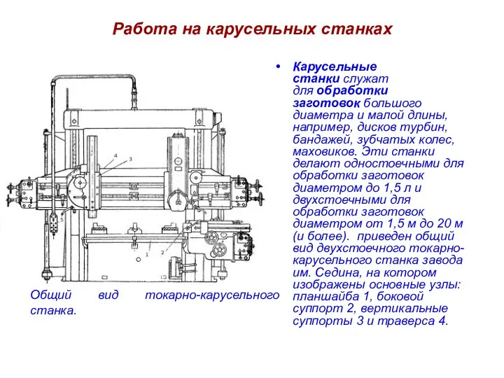 Работа на карусельных станках Карусельные станки служат для обработки заготовок большого диаметра