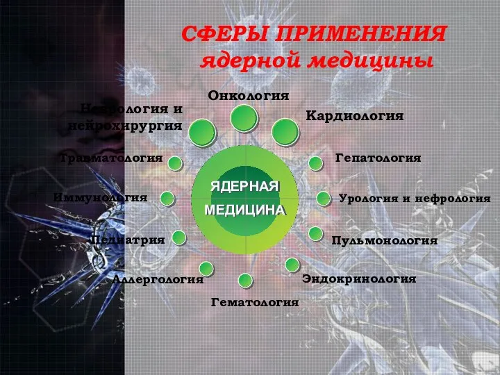 СФЕРЫ ПРИМЕНЕНИЯ ядерной медицины Онкология Урология и нефрология Гепатология Пульмонология Эндокринология ЯДЕРНАЯ