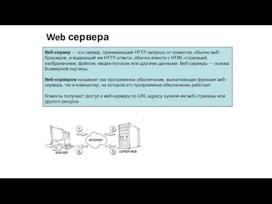 Web сервера Веб-сервер — это сервер, принимающий HTTP-запросы от клиентов, обычно веб-браузеров,