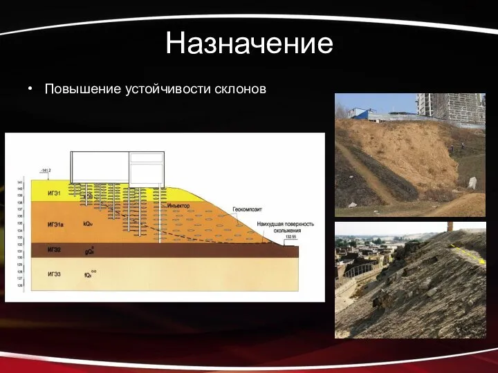 Назначение Повышение устойчивости склонов