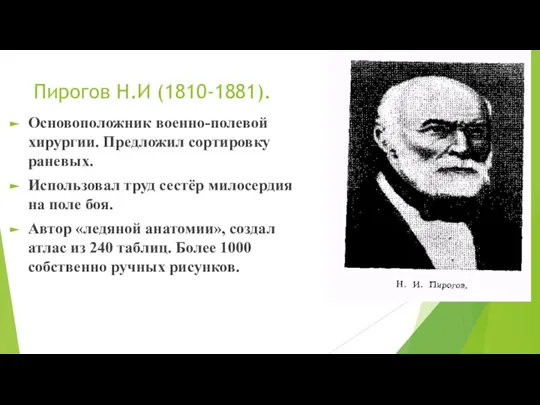 Пирогов Н.И (1810-1881). Основоположник военно-полевой хирургии. Предложил сортировку раневых. Использовал труд сестёр