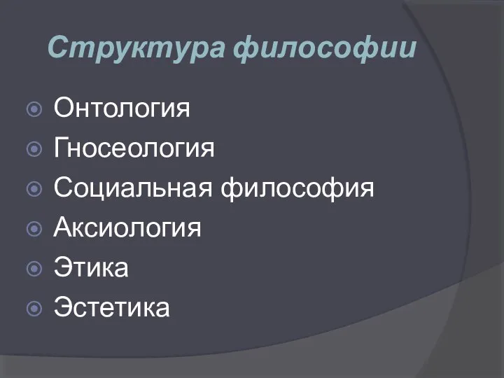 Структура философии Онтология Гносеология Социальная философия Аксиология Этика Эстетика