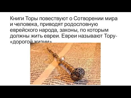 Книги Торы повествуют о Сотворении мира и человека, приводят родословную еврейского народа,