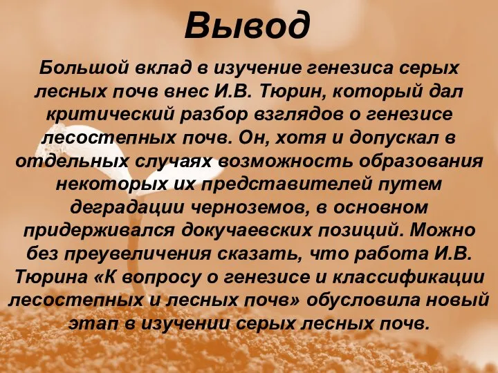 Вывод Большой вклад в изучение генезиса серых лесных почв внес И.В. Тюрин,