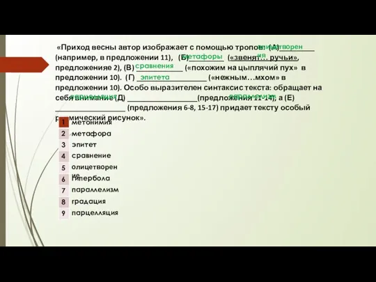 «Приход весны автор изображает с помощью тропов: (А)_________ (например, в предложении 11),