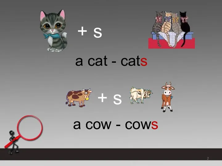 + s a cat - cats + s a cow - cows