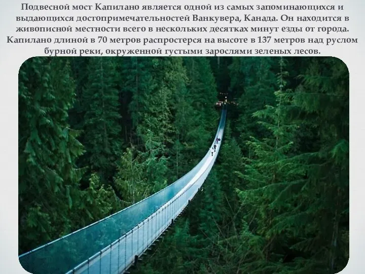 Подвесной мост Капилано является одной из самых запоминающихся и выдающихся достопримечательностей Ванкувера,