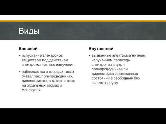 Виды Внешний испускание электронов веществом под действием электромагнитного излучения наблюдается в твердых