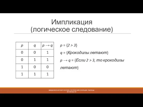 Импликация (логическое следование) ВВЕДЕНИЕ В АЛГЕБРУ ЛОГИКИ / ЛОГИЧЕСКИЕ ОПЕРАЦИИ. ТАБЛИЦЫ ИСТИННОСТИ