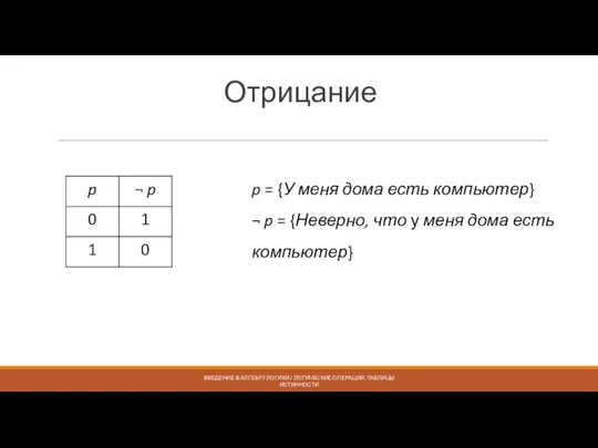 Отрицание ВВЕДЕНИЕ В АЛГЕБРУ ЛОГИКИ / ЛОГИЧЕСКИЕ ОПЕРАЦИИ. ТАБЛИЦЫ ИСТИННОСТИ p =