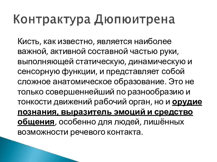 Кисть, как известно, является наиболее важной, активной составной частью руки, выполняющей статическую,