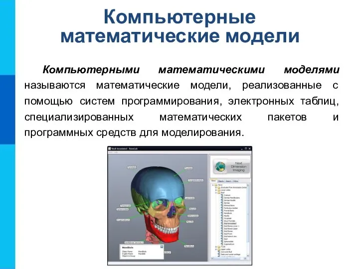 Компьютерные математические модели Компьютерными математическими моделями называются математические модели, реализованные с помощью