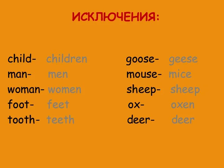 ИСКЛЮЧЕНИЯ: child- children goose- geese man- men mouse- mice woman- women sheep-