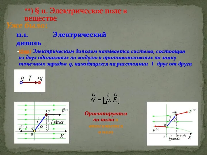 11.1. Электрический диполь **) § 11. Электрическое поле в веществе (Опр.) Электрическим