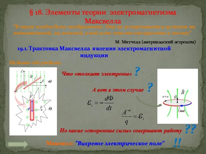 19.1. Трактовка Максвелла явления электромагнитной индукции Что «толкает электроны» Недавно обсуждали: §