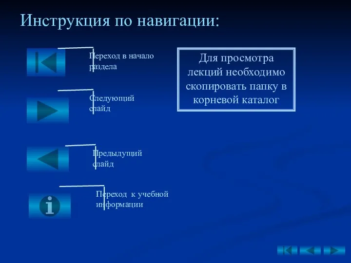 Инструкция по навигации: Переход в начало раздела Следующий слайд Предыдущий слайд Переход