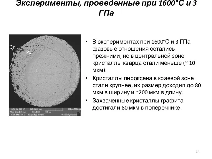 Эксперименты, проведенные при 1600°С и 3 ГПа В экспериментах при 1600°С и