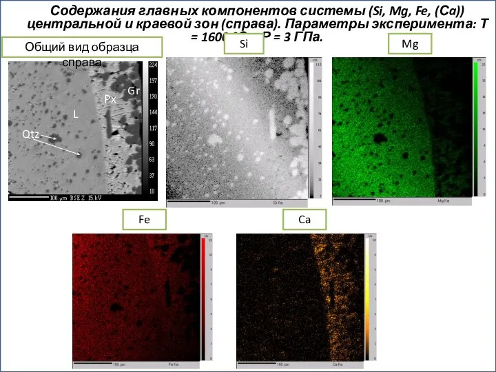 Содержания главных компонентов системы (Si, Mg, Fe, (Сa)) центральной и краевой зон