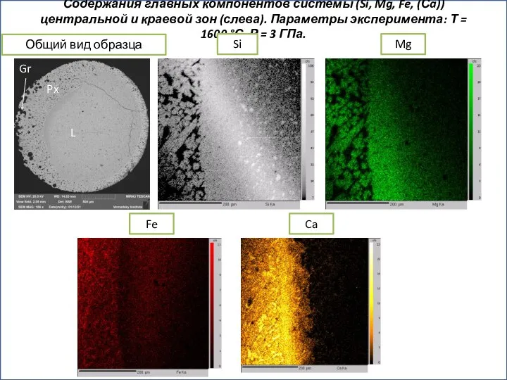 Содержания главных компонентов системы (Si, Mg, Fe, (Сa)) центральной и краевой зон