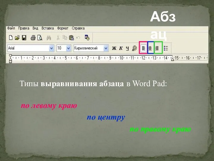 Абзац Типы выравнивания абзаца в Word Pad: по левому краю по центру по правому краю