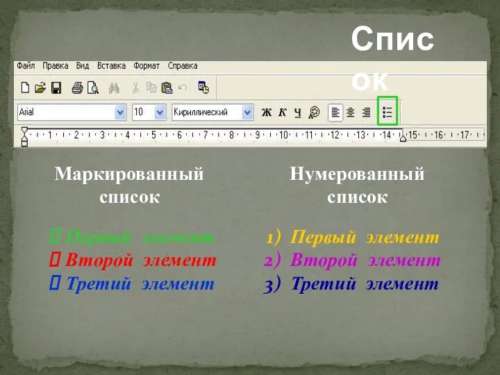 Список Первый элемент Второй элемент Третий элемент Первый элемент Второй элемент Третий