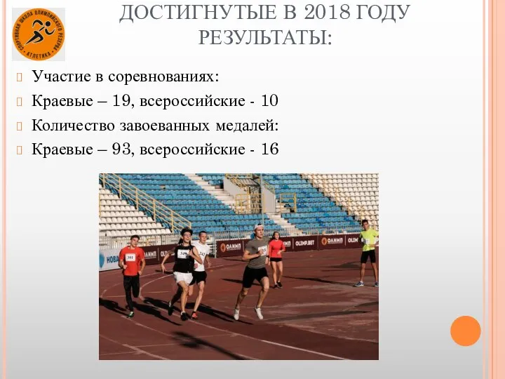 ДОСТИГНУТЫЕ В 2018 ГОДУ РЕЗУЛЬТАТЫ: Участие в соревнованиях: Краевые – 19, всероссийские