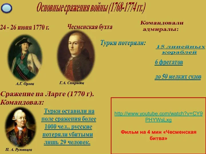 А.Г. Орлов Г.А. Спиридов П. А. Румянцев http://www.youtube.com/watch?v=CY9PHYWsLxg Фильм на 4 мин «Чесменская битва»